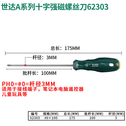 世达（SATA）十字螺丝刀套装家用小型螺丝批超硬改锥拆机专用一字起子 #0*100M #1*300MM杆粗5mm全长390mm/6231
