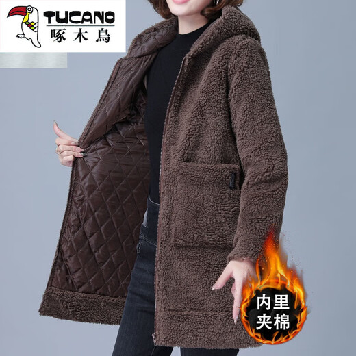 啄木鸟（TUCANO）加厚保暖仿羊羔绒外套女冬季新款中老年大码宽松中长款连帽棉袄 653浅紫色 3XL 【建议145-160斤】