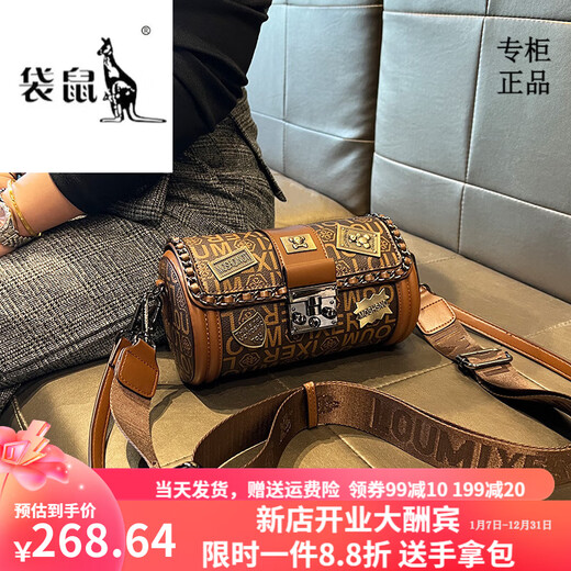 袋鼠轻奢品牌真皮女2024新款圆形老花小圆包百搭包包单肩包时尚斜挎包 咖啡色