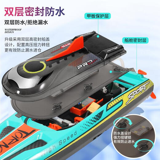 甜苗苗遥控船高速快艇大马力防水儿童超大号可下水拉网轮船模型 小号24cm双电机双人偶快艇红黑 标准单电电