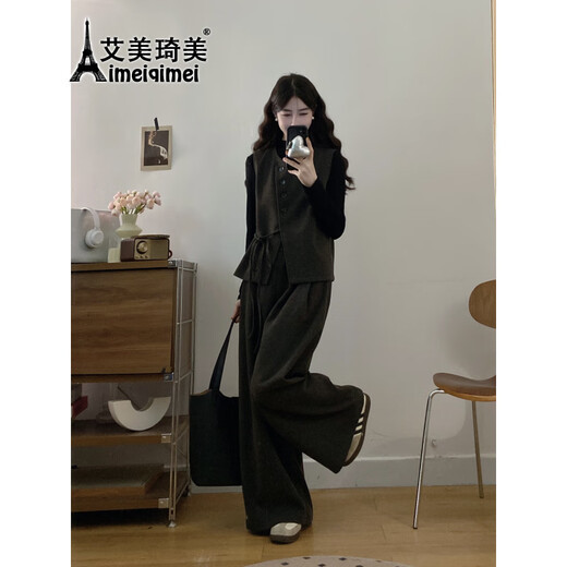 AIMEIQIMEI autumn and winter plus size women's clothing for fat mm new small fragrance style 2025 bottoming long-sleeved vest wide-leg pants slimming three-piece suit three-piece suit 2XL recommended 140-160Jin Jin equals 0.5 kg