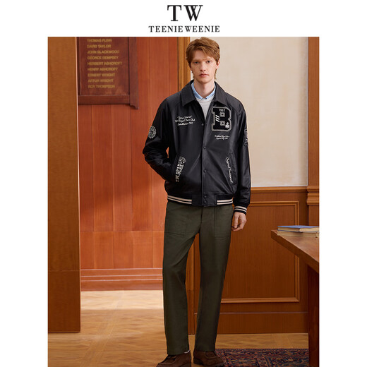 Teenie Weenie2025 Весенняя кожаная куртка с лацканами в стиле ретро контрастного цвета TNJL251202A Черный 170