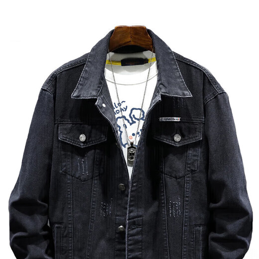 JEANSWEST Jacket Men's 2025 Autumn Denim Jacket Handsome Trendy Work Clothes Lapel Jacket Men's Black Gray XL