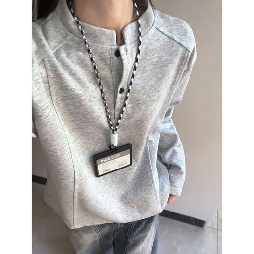 Xinyoujie American Henry collar polo shirt sweatshirt for men and women in autumn deconstructed splicing long-sleeved T-shirt cleanfit right shoulder top Gray M