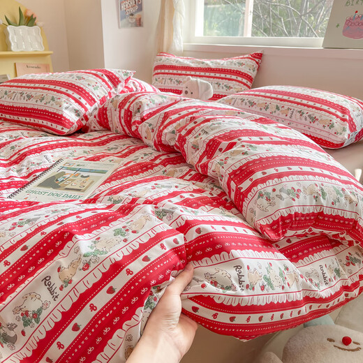 Taowei ins cotton bed four-piece set 100% cotton quilt cover cartoon dormitory bed sheet three-piece naked sleeping bedding red bunny 100% cotton skin-friendly naked sleeping 1.8m bed/sheet style four-piece set 200x230 quilt cover Taowei ins cotton bed four-piece set 100% cotton quilt cover cartoon dormitory bed sheet three-piece naked sleeping bedding red bunny 100% cotton skin-friendly naked sleeping 1.8m bed/sheet style four-piece set 200x230 quilt cover