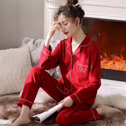 Adore Autumn and Summer Women's Pure Cotton Pajamas Women's Spring and Autumn Pure Cotton Long-Sleeved Home Clothes Year of the Horse Big Red Animal Year Set 88305 True Red - Set L Size (Weight 110-125 Jin Jin is equal to 0.5 kg)
