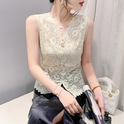 Chaleco de encaje de cuello en V yanxun huecos para mujeres en diseño de verano, el exterior y el interior sin mangas, la camisa delgada y delgada, l Black L