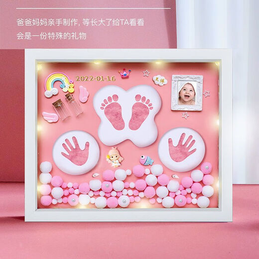 满月纪念手足印泥相框胎毛脐带新生儿宝宝百天手脚印婴儿周岁礼物 豪华款12寸【花开富贵】粉款金漆