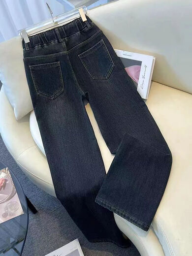 GOCHIEI elastic waist jeans for women in spring and autumn 2025 new high-waist loose straight pants casual large size narrow wide-leg pants 1105 light blue S 80-95