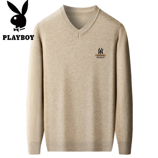 Playboy (PLAYBOY) brand cardigan men's 100 pure wool autumn and winter V-neck sweater middle-aged men's dad's bottoming sweater sweater long-sleeved A53 camel Y XL 175 recommended 135-150 Jin Jin equals 0.5 kg