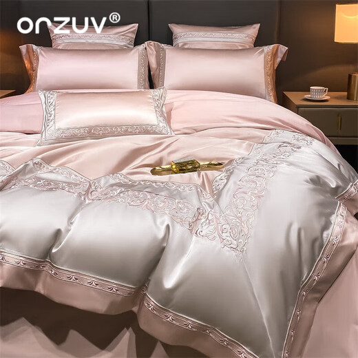 ORZUV brand high-end 160 long velvet cotton damask color woven jacquard four-piece set cotton embroidered quilt cover light luxury villa style Sri Lanka-pink bed sheet style 2.0 meters quilt cover 220*240