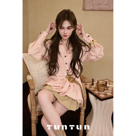 TUNTUN Autumn and Winter foldout, very recognizable, personalized pleated belt waist-cinching pink long-sleeved shirt top, rubber powder in stock S
