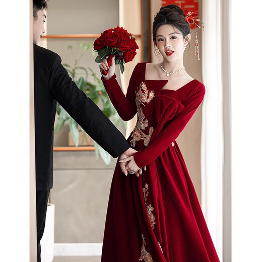 Paviso Toast Wear Bridal Autumn and Winter Red Wedding Casual Return Engagement Dress New Chinese Style Long Sleeve Temperament TX2442 Burgundy Velvet Style Pierre Cardin L (170)