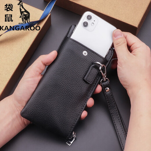 Kangaroo (KANGAROO) Atmospheric Handbag Men's Wallet Men's Long Leather Small Handbag Men's Mobile Bag Multi-functional Cowhide Handbag Black Small