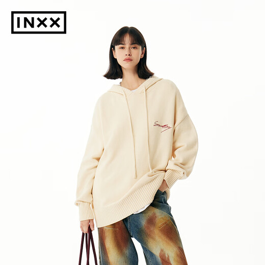 英克斯（inxx）Standby 潮牌连帽花体LOGO刺绣连帽针织衫男复古宽松套头毛衣情侣 米白色 L