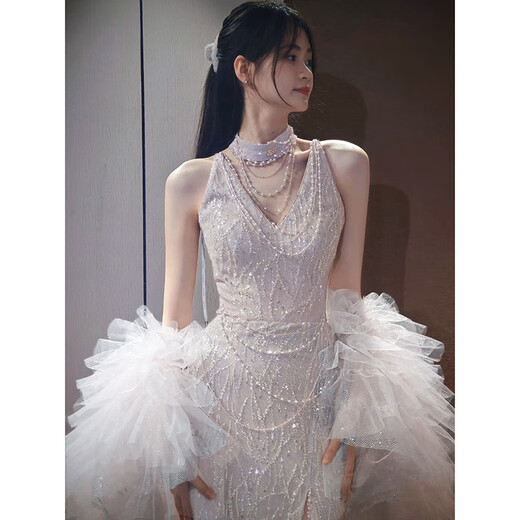 现宝莲宴会晚礼服长裙女艺考鱼尾感仙气年会主持人小众名媛 白色 S
