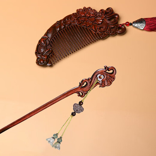 Ancient small-leaf red sandalwood hairpin comb for women, sandalwood comb gift box, hairpin for wife, girl birthday gift, practical for women, good luck, hairpin comb + gift box, gift bag