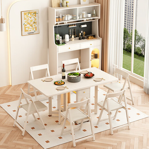 Senneng solid wood folding dining table cream style movable small-sized home Nordic retractable multi-functional dining table side cabinet 1.2 meters solid wood folding dining table + folding chairs *4