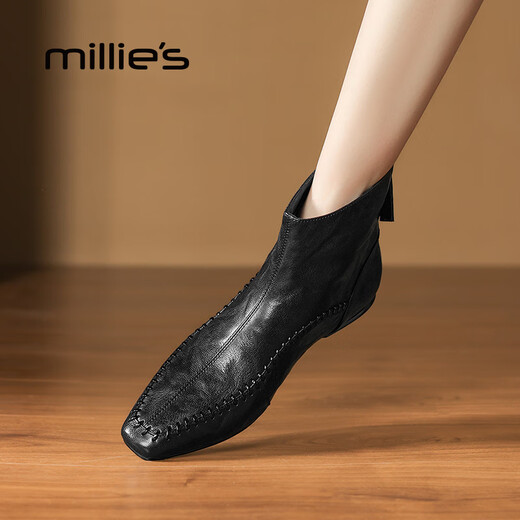 Millies Genuine Leather Sheepskin Ankle Boots Women's Chelsea Slim Boots Plus Velvet Short Boots Women's Square Toe Thick Heel Women's Boots Black 37