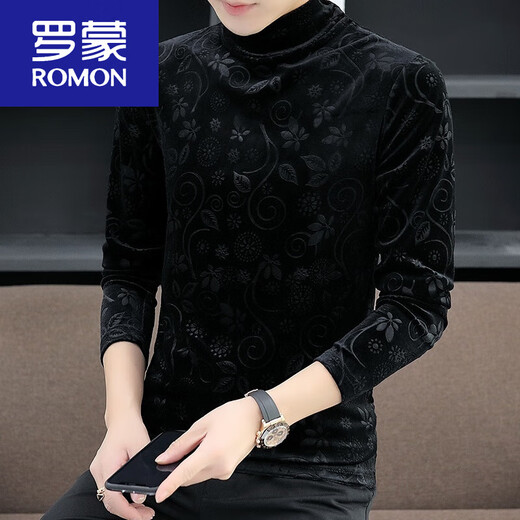 ROMON plus velvet thickened half turtleneck base shirt for men's black gold velvet long-sleeved T-shirt in autumn and winter inner wear T 694 black XL