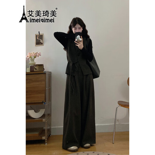 AIMEIQIMEI autumn and winter plus size women's clothing for fat mm new small fragrance style 2025 bottoming long-sleeved vest wide-leg pants slimming three-piece suit three-piece suit 2XL recommended 140-160Jin Jin equals 0.5 kg