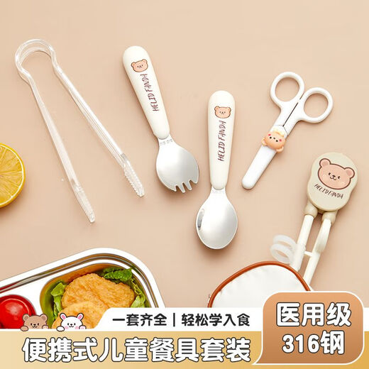 WORTHBUY 316 stainless steel cartoon tableware set for children, portable eating spoon, baby learning food supplement set, food grade He He Xiong - straight spoon and fork + chopsticks + scissors + food supplement clip + cutlery bag No Specifications