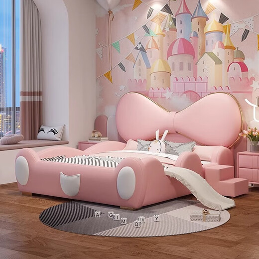 Congying children's bed pink bow princess bed girl's bedroom modern simple fence slide bed soft package single bed bed + bedside table *1 1.5*2 meters