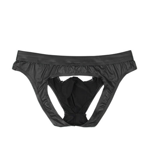 Men's underwear, imitation leather, double thong briefs, sexy patent leather youth stage performance briefs, black M