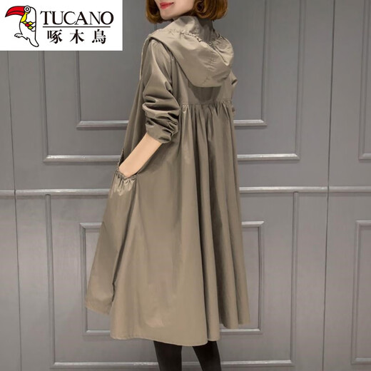 Woodpecker Korean Style Casual Long Jacket Versatile Top Spring and Autumn New 2024 Mid-Length Women's Windbreaker Coat Lined Khaki XL 120-135Jin Jin equals 0.5 kg