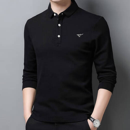 SEPTWOLVES 2025 spring long-sleeved T-shirt men's pure cotton polo shirt solid color young and middle-aged business casual loose large size bottoming black L 170/84A