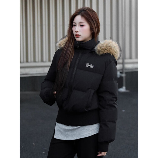 Luyal American autumn and winter short fur collar down cotton coat for women, waist slimming, high-end cotton coat for small people, cotton-padded jacket, black M