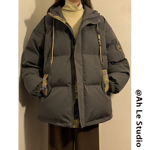 AEMAPE retro winter cotton jacket for men and women bear jacquard splicing hooded jacket trendy brand thick warm boy jacket winter M6636 gray (three-bar cotton jacket) M [Recommended: 90-110Jin [Jin equals about 0.5 kg]]