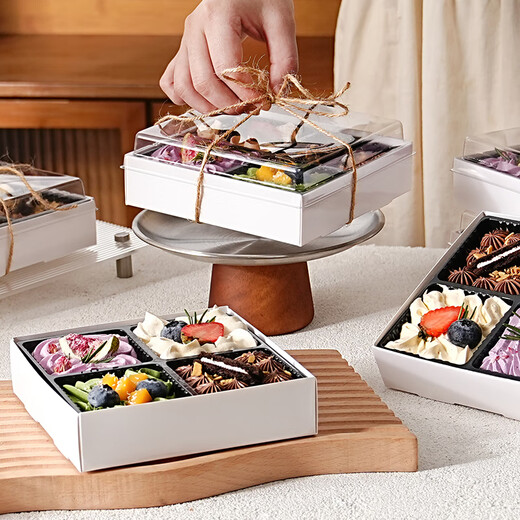 Internet celebrity four-piece joy box dessert packaging box, one-time packaged cream small four-square home baking four-piece 100 sets