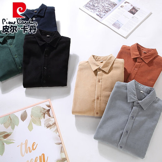 皮尔卡丹（pierre cardin）加绒加厚日系灯芯绒衬衫男秋冬季复古纯色保暖长袖条绒衬衣外套潮 杏色/9717翻.领普通厚度 M