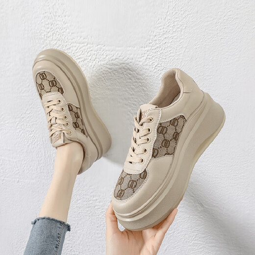 Duke Heaney brand sports casual fashion dad shoes for women 2025 new thick-soled platform wedge heels light luxury versatile sneakers for women Kuqi HDCK apricot 35