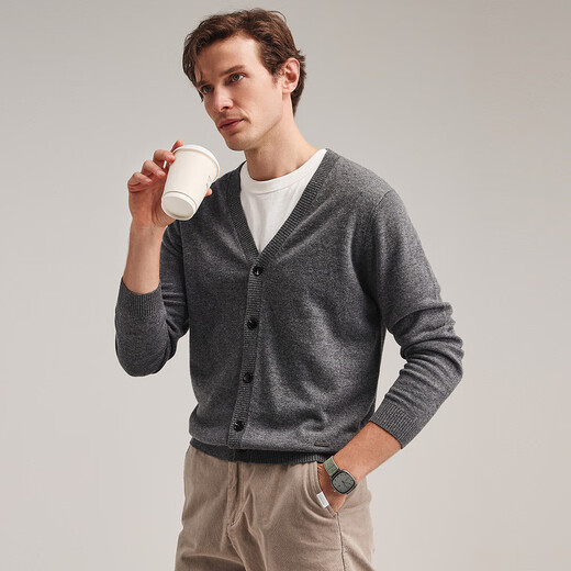 Zhaojun 2024 autumn and winter new high-end solid color wool cardigan jacket men's V-neck long-sleeved basic knitted top Dark cloud gray M