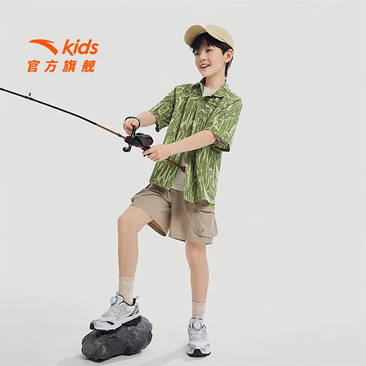 ANTA children's shirts for boys and girls 2024 spring and autumn new trendy full-print outdoor versatile shirt short leather green/full print-2 160 cm