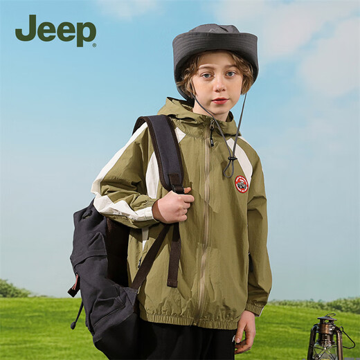 Jeep children's clothing children's sun protection clothing for boys and girls outdoor tops 2025 new style breathable and cool thin jacket for middle and large children, light military green 160 cm
