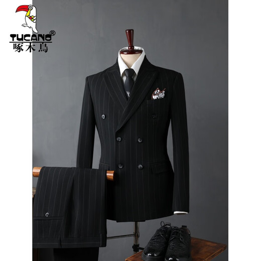 Woodpecker (TUCANO) Men's Suit Casual Business Formal Wear Groomsmen's Wear Groom's Wedding Double-breasted Striped Suit Jacket Men's Black (suit + trousers) 52/XL (125-135Jin Jin equals 0.5kg)