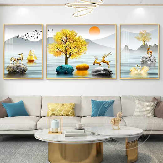 
Chengzi Light Luxury Living Room Decoration Painting Sofa Background Wall Hanging Painting Mural Modern Simple 2025 New Sanlian Landscape Mural JD16823 Left and left and right 50*70 Middle 90*70 Three-dimensional crystal porcelain diamond-inlaid aluminum alloy gold frame