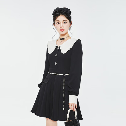 Fantu College Style Suit Lace Collar Dress 2024 Autumn New Slim Design Black Pleated Skirt Women Black S