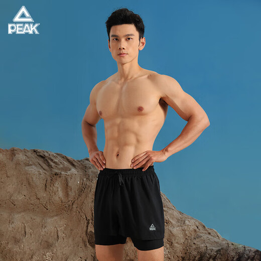 Peak swimming trunks men's swimsuit men's anti-embarrassment quick-drying boxer beach trunks double-layer hot spring seaside resort swimming trunks black L