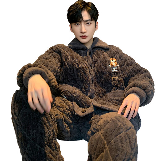 兰缪LAMIU冬季男士睡衣珊瑚绒三层夹棉袄男式青少年冬天加厚加绒保暖家居服 G688【现货】 L 码身高170左右，体重100-130斤