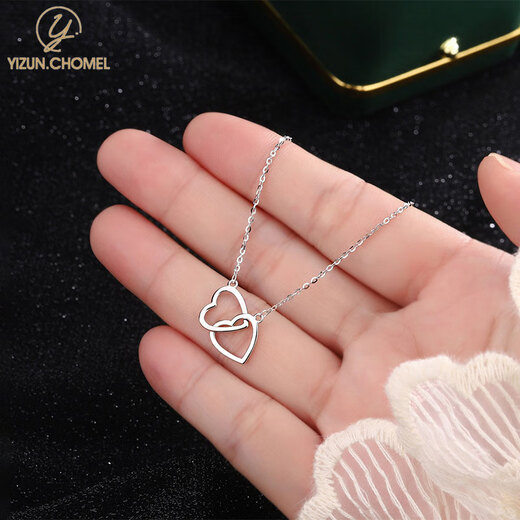 YIZUN. CHOMEL 999 pure silver love double ring necklace for women ins niche heart-to-heart pendant necklace as a Valentine's Day gift for your girlfriend 999 pure silver - love double ring necklace - silver white