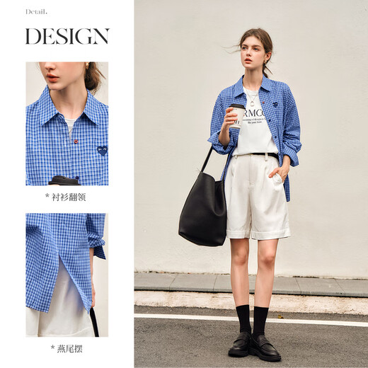 Olrain plaid shirt spring women's loose commuting lazy style MIU shirt tops blue plaid M
