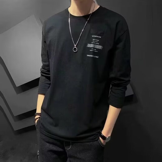 嘉晔长袖T恤男士秋衣打底衫大码圆领薄款潮流上衣宽松学生垂感长袖t恤 841黑色 XL