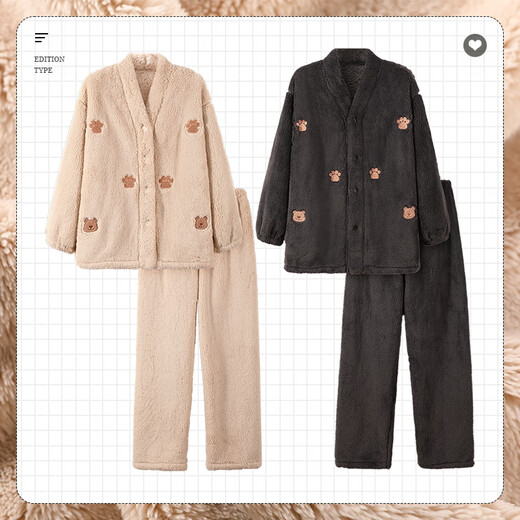 Modal Coral Velvet Couple Pajamas Women's Autumn and Winter Style Plus Velvet Thickening Men's Winter Cardigan Home Clothes Set LMK61083 L Women + Men 2XL