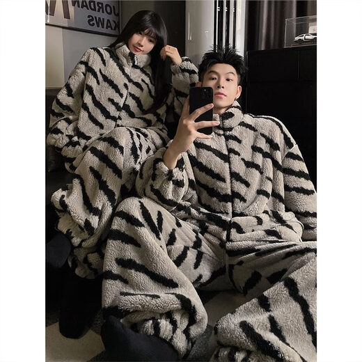 Coral velvet couple pajamas for women that can be worn outside, winter style plus velvet and thickened, high-end striped men's home clothes set XY Velvet #66731 Male L (weight 95-120