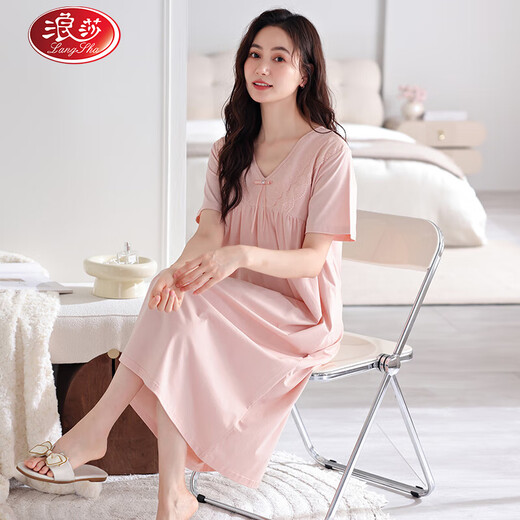浪莎（LangSha）睡裙女夏季纯棉薄款短袖带胸垫家居服女士甜美公主风可外穿连衣裙 701柔粉（带胸垫） M【155-160cm/90-110斤】