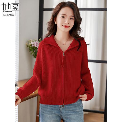 She Enjoys Knitted Sweater Women's New Year's Outfit Double Zipper Knitted Cardigan Top Red Sweater Knitted Jacket T13KZ3240